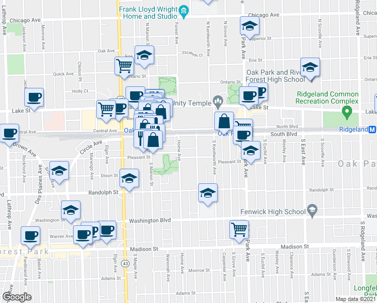 map of restaurants, bars, coffee shops, grocery stores, and more near 118 Home Avenue in Oak Park