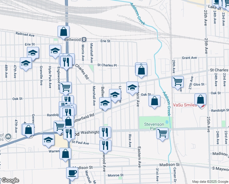 map of restaurants, bars, coffee shops, grocery stores, and more near 332 Bohland Avenue in Bellwood