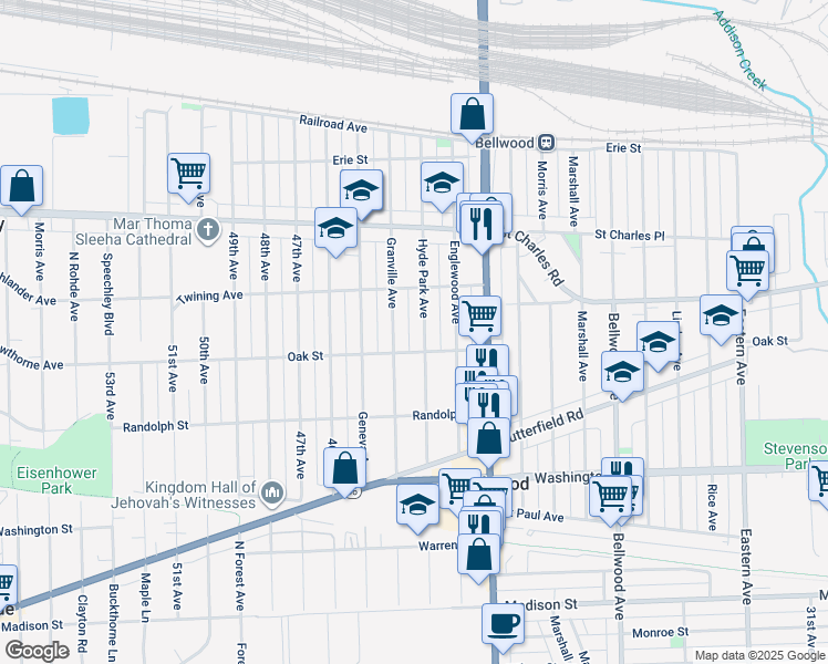 map of restaurants, bars, coffee shops, grocery stores, and more near 329 Granville Avenue in Bellwood