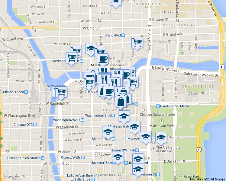 map of restaurants, bars, coffee shops, grocery stores, and more near 55 West Wacker Drive in Chicago