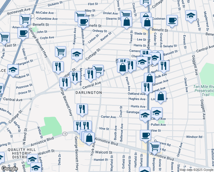 map of restaurants, bars, coffee shops, grocery stores, and more near 68 Robinson Avenue in Pawtucket