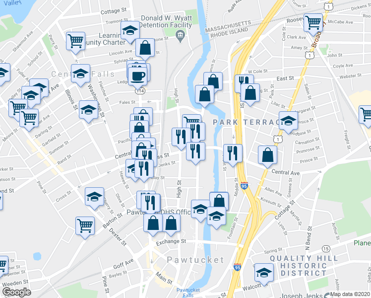 map of restaurants, bars, coffee shops, grocery stores, and more near 27 Cross Street in Central Falls