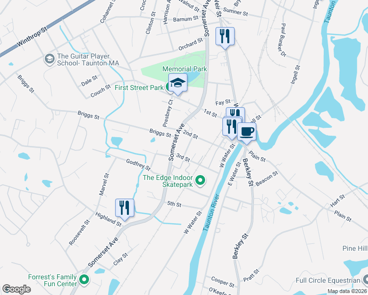 map of restaurants, bars, coffee shops, grocery stores, and more near 9 Charles Street in Taunton