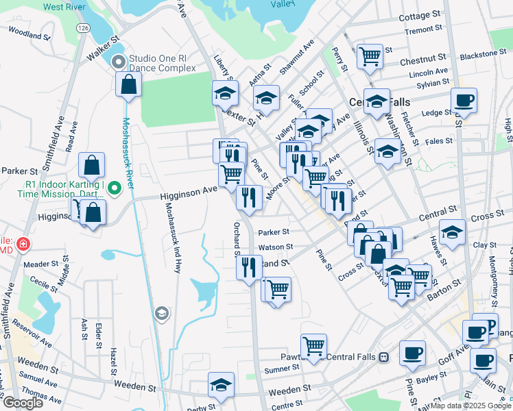 map of restaurants, bars, coffee shops, grocery stores, and more near 20 Claremont St in Central Falls