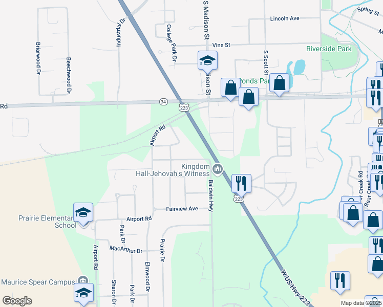 map of restaurants, bars, coffee shops, grocery stores, and more near 2260 Tayer Road in Adrian