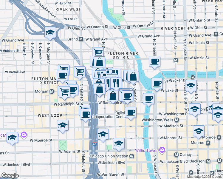 map of restaurants, bars, coffee shops, grocery stores, and more near 200 North Jefferson Street in Chicago