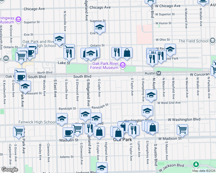 map of restaurants, bars, coffee shops, grocery stores, and more near 131 South Harvey Avenue in Oak Park