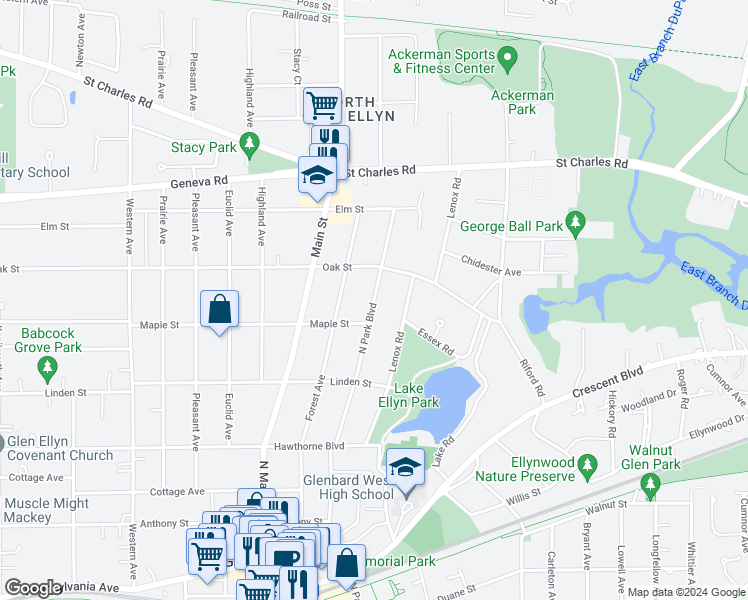 map of restaurants, bars, coffee shops, grocery stores, and more near 721 North Park Boulevard in Glen Ellyn