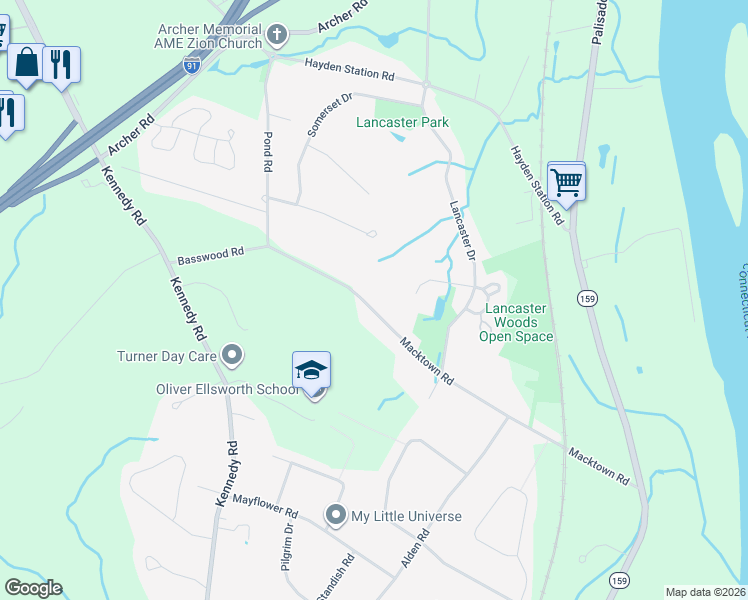 map of restaurants, bars, coffee shops, grocery stores, and more near 104 Basswood Road in Windsor