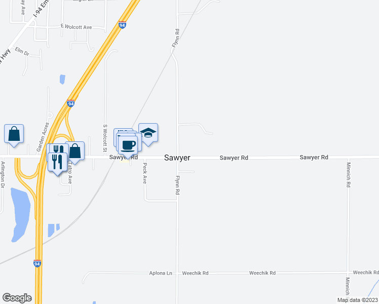 map of restaurants, bars, coffee shops, grocery stores, and more near 5659 Sawyer Road in Sawyer