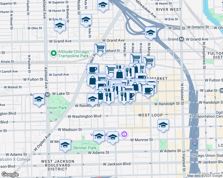 map of restaurants, bars, coffee shops, grocery stores, and more near 210 North Racine Avenue in Chicago