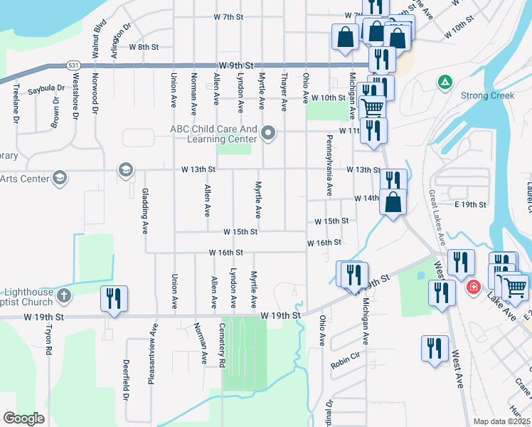 map of restaurants, bars, coffee shops, grocery stores, and more near 1416 Myrtle Avenue in Ashtabula