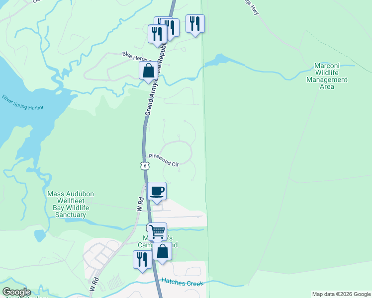 map of restaurants, bars, coffee shops, grocery stores, and more near 165 Pinewood Circle in Wellfleet