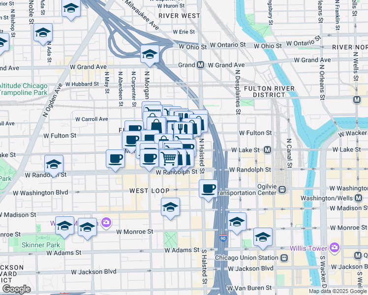 map of restaurants, bars, coffee shops, grocery stores, and more near 200 North Green Street in Chicago