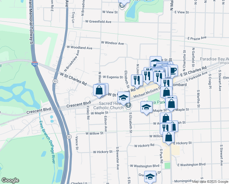 map of restaurants, bars, coffee shops, grocery stores, and more near 342 West Saint Charles Road in Lombard