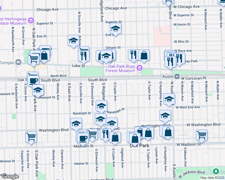 map of restaurants, bars, coffee shops, grocery stores, and more near 131 South Cuyler Avenue in Oak Park