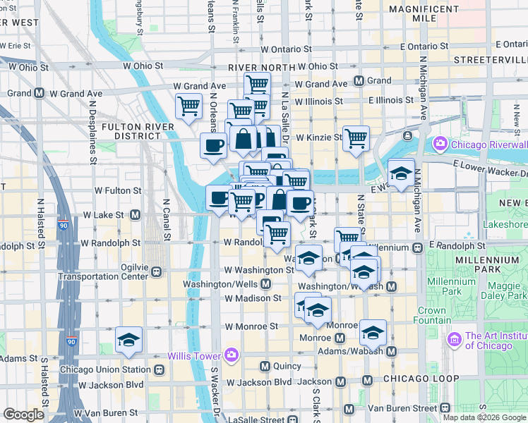 map of restaurants, bars, coffee shops, grocery stores, and more near 204 North Wells Street in Chicago