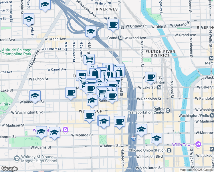 map of restaurants, bars, coffee shops, grocery stores, and more near 858 West Lake Street in Chicago