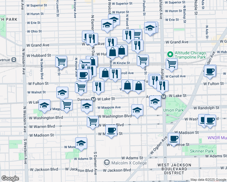 map of restaurants, bars, coffee shops, grocery stores, and more near 1843 West Walnut Street in Chicago