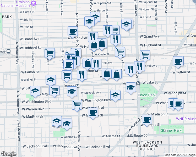 map of restaurants, bars, coffee shops, grocery stores, and more near 1843 West Walnut Street in Chicago