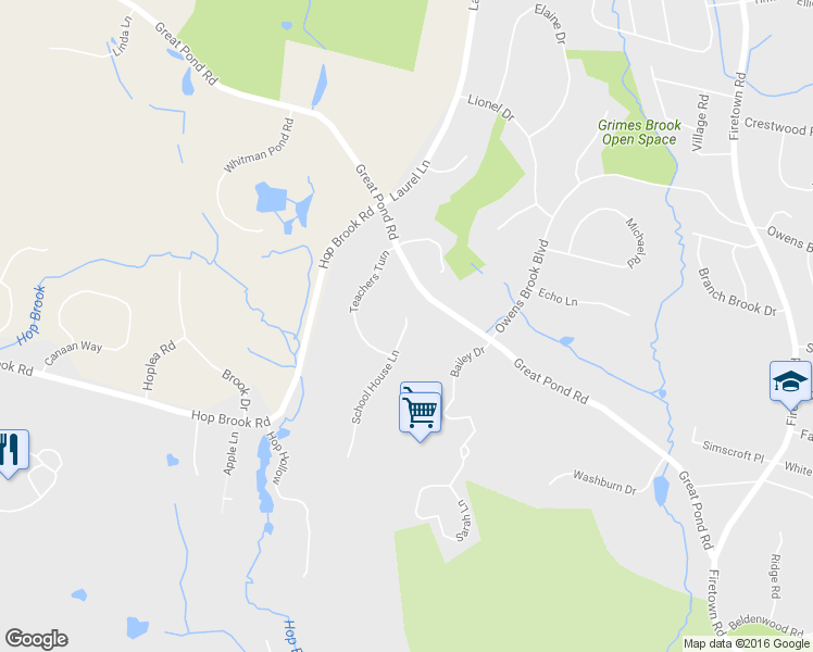 map of restaurants, bars, coffee shops, grocery stores, and more near 12 School House Lane in Simsbury