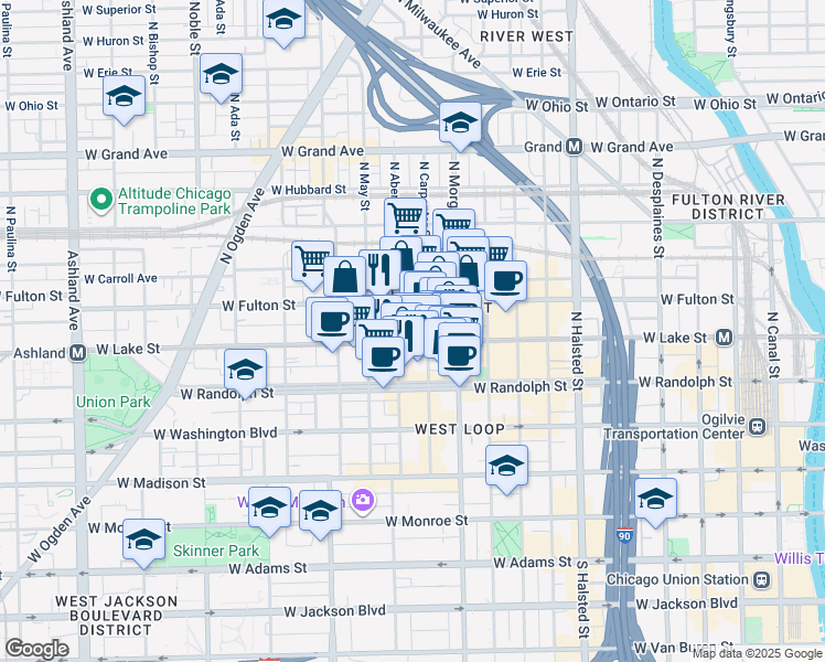 map of restaurants, bars, coffee shops, grocery stores, and more near in Chicago