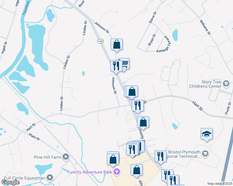 map of restaurants, bars, coffee shops, grocery stores, and more near 90 Johnson Street in Taunton