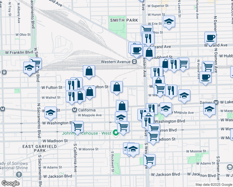 map of restaurants, bars, coffee shops, grocery stores, and more near 251 North Maplewood Avenue in Chicago