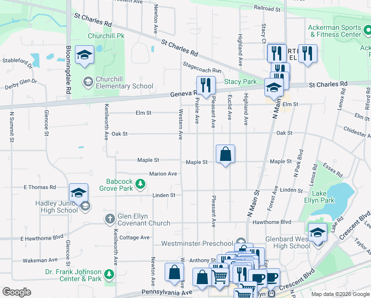 map of restaurants, bars, coffee shops, grocery stores, and more near 725 Western Avenue in Glen Ellyn