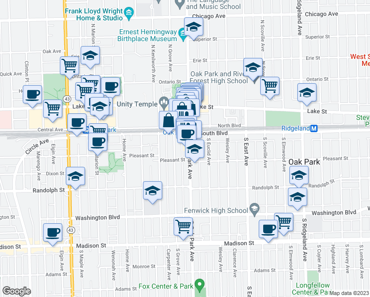 map of restaurants, bars, coffee shops, grocery stores, and more near 149-155 North Oak Park Avenue in Oak Park
