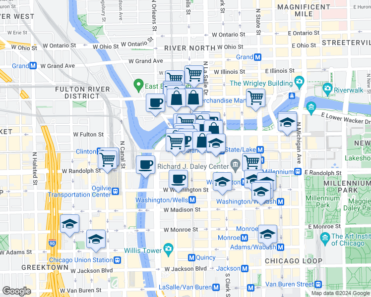 map of restaurants, bars, coffee shops, grocery stores, and more near 210 West Lake Street in Chicago
