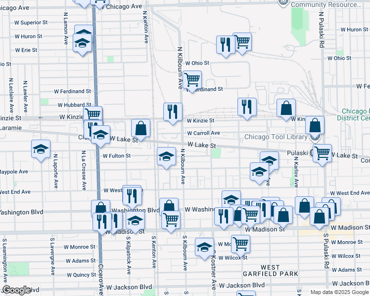 map of restaurants, bars, coffee shops, grocery stores, and more near 4457 West Lake Street in Chicago
