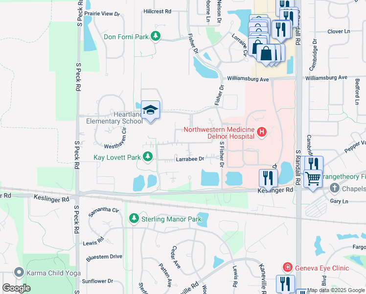 map of restaurants, bars, coffee shops, grocery stores, and more near 2986 Husking Peg Lane in Geneva