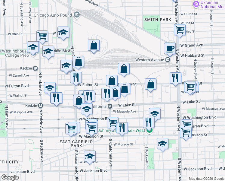 map of restaurants, bars, coffee shops, grocery stores, and more near 267 North California Avenue in Chicago