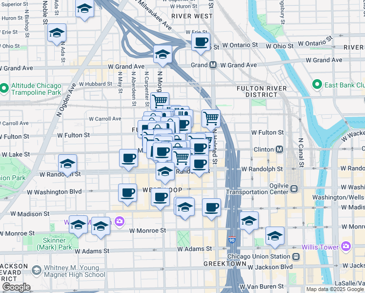 map of restaurants, bars, coffee shops, grocery stores, and more near 900 West Lake Street in Chicago