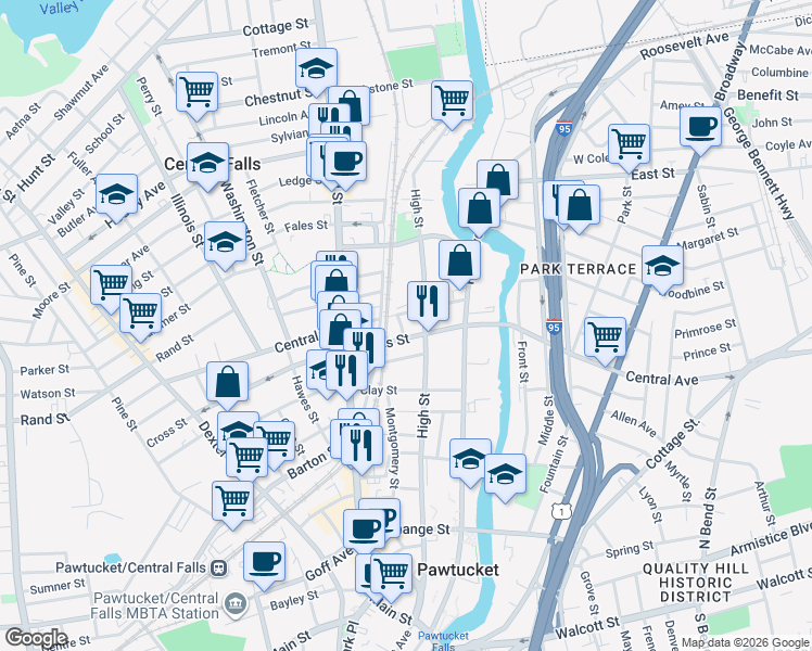map of restaurants, bars, coffee shops, grocery stores, and more near 26 Elm Street in Central Falls