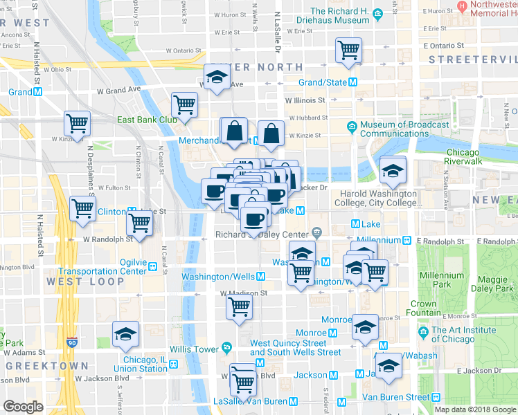 map of restaurants, bars, coffee shops, grocery stores, and more near in Chicago