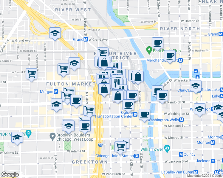 map of restaurants, bars, coffee shops, grocery stores, and more near 200 North Jefferson Street in Chicago