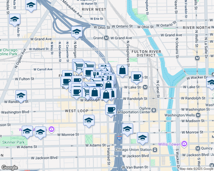 map of restaurants, bars, coffee shops, grocery stores, and more near 812 West Lake Street in Chicago