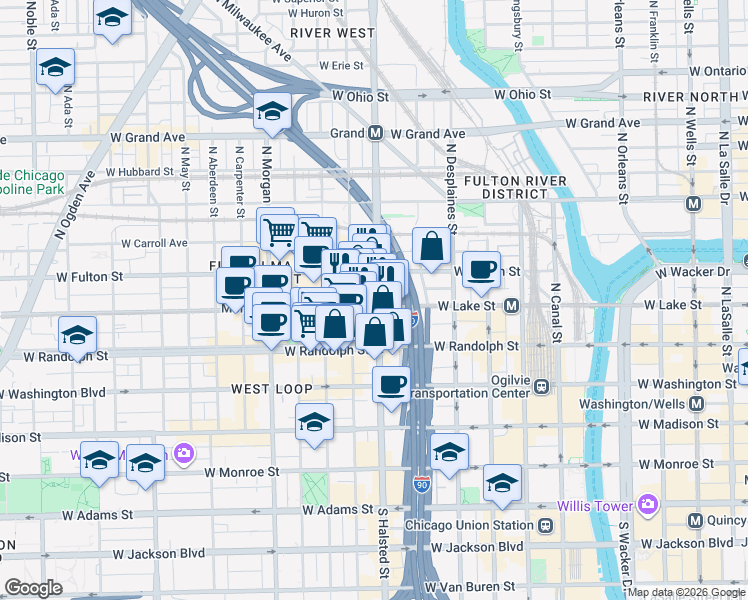 map of restaurants, bars, coffee shops, grocery stores, and more near 812 West Lake Street in Chicago