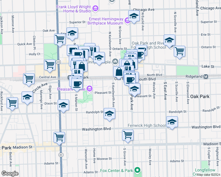 map of restaurants, bars, coffee shops, grocery stores, and more near 120 Clinton Avenue in Oak Park