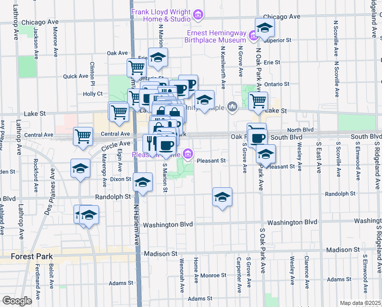 map of restaurants, bars, coffee shops, grocery stores, and more near 1018 Pleasant Street in Oak Park