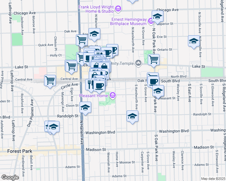 map of restaurants, bars, coffee shops, grocery stores, and more near 1018 Pleasant Street in Oak Park
