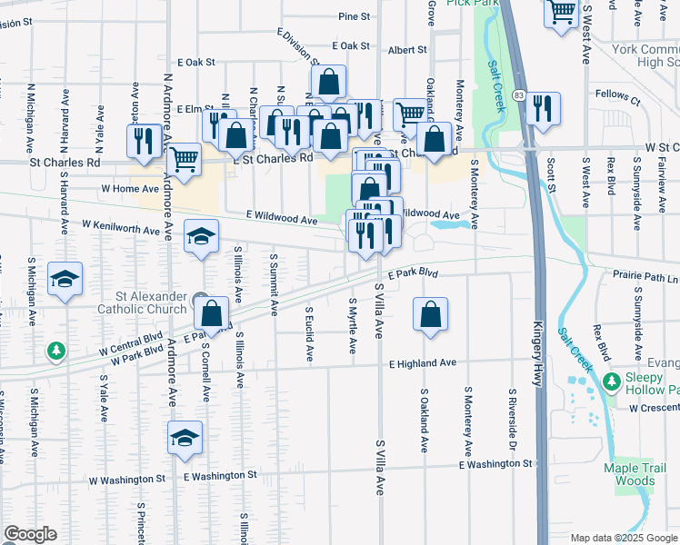 map of restaurants, bars, coffee shops, grocery stores, and more near 324E East Central Boulevard in Villa Park