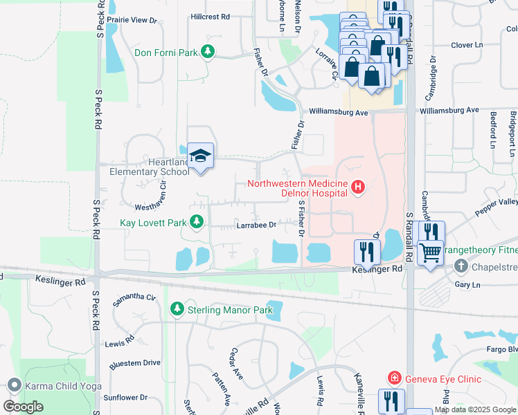 map of restaurants, bars, coffee shops, grocery stores, and more near 2986 Husking Peg Lane in Geneva