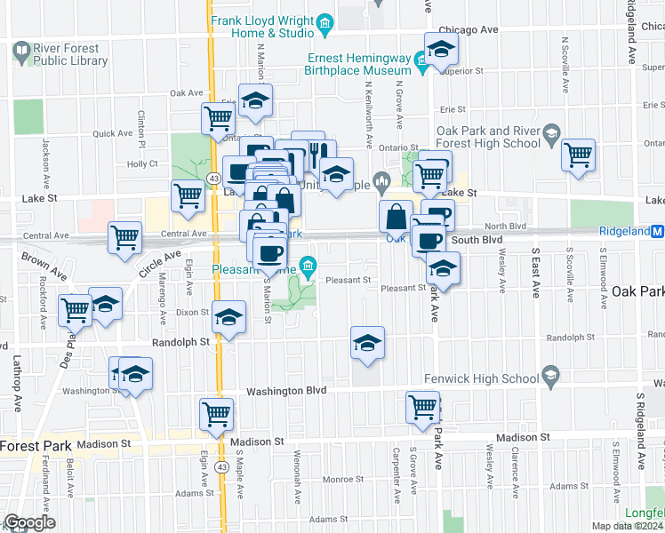 map of restaurants, bars, coffee shops, grocery stores, and more near 118 Home Avenue in Oak Park