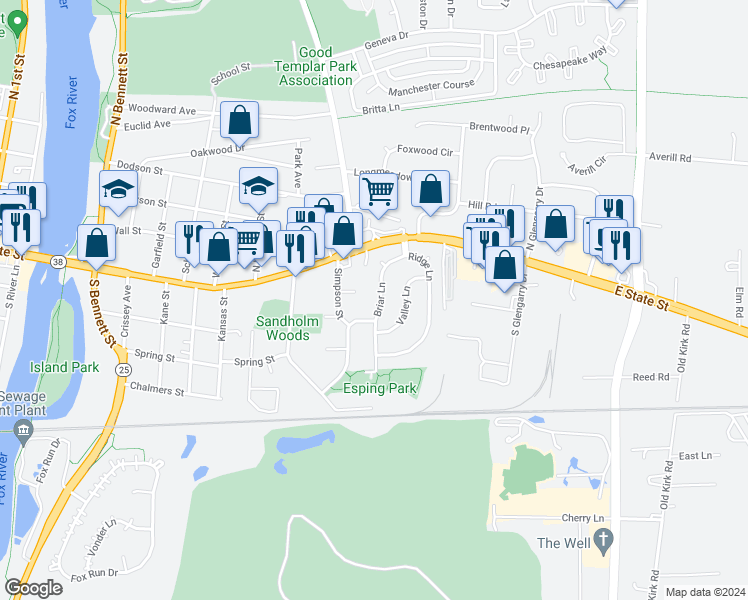 map of restaurants, bars, coffee shops, grocery stores, and more near 48 Briar Lane in Geneva