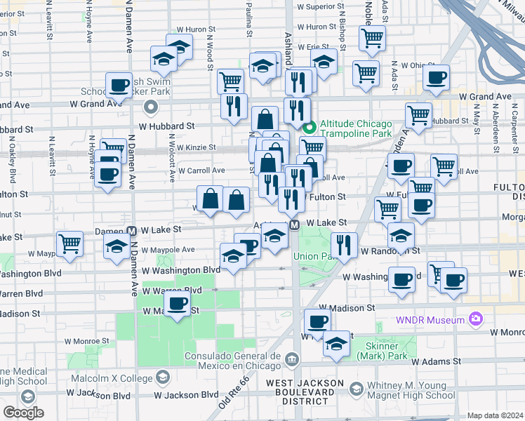 map of restaurants, bars, coffee shops, grocery stores, and more near 1641 West Walnut Street in Chicago