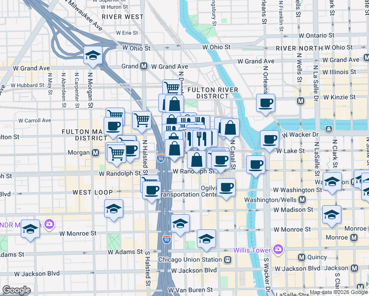 map of restaurants, bars, coffee shops, grocery stores, and more near 630 West Lake Street in Chicago