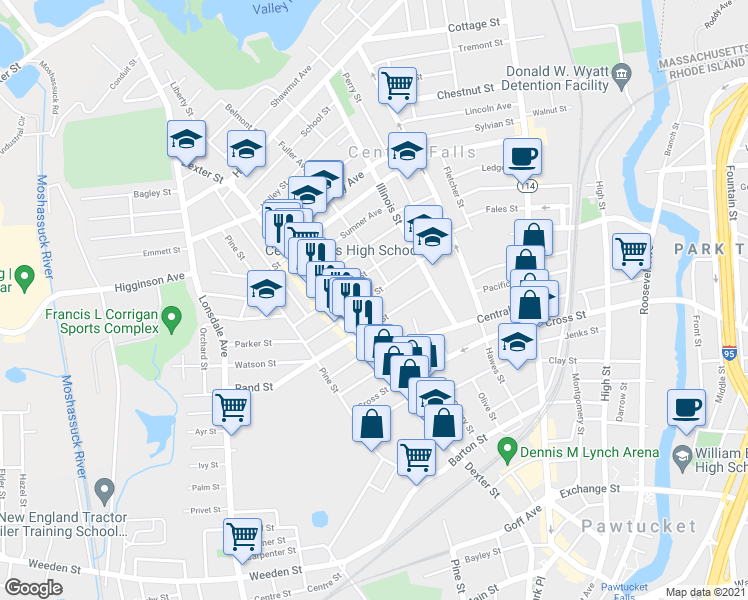 map of restaurants, bars, coffee shops, grocery stores, and more near 112 Summer Street in Central Falls